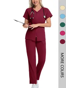 Women's Workwear Set, Basic Uniforms, Breathable Quick-Dry Fabric, Anti-Wear Stretchy, Classic V-Neck Zipper Top with Pockets & Straight Leg suitable for use in hospitals, clinics, and spas Pants