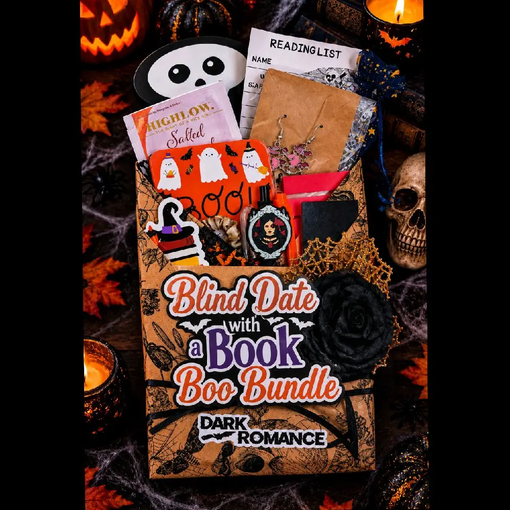 Spooky Blind Date with a Book - Boo Bundle, Hand-Wrapped Halloween-Themed Bookish Gift for Her Including New Book, Hot Tea, Coffee or Hot Chocolate, Halloween Facemask, Halloween Jewelry, Bookmark, Pen, Highlighter, Paperclip, Book tracker, & More Goodies
