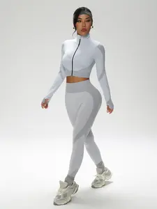 Women's Autumn Winter Slimming Long Sleeve Jacket Seamless Tight-Fitting High Waisted Athletic Yoga Leggings Set, Sporty Fitness for Ladies