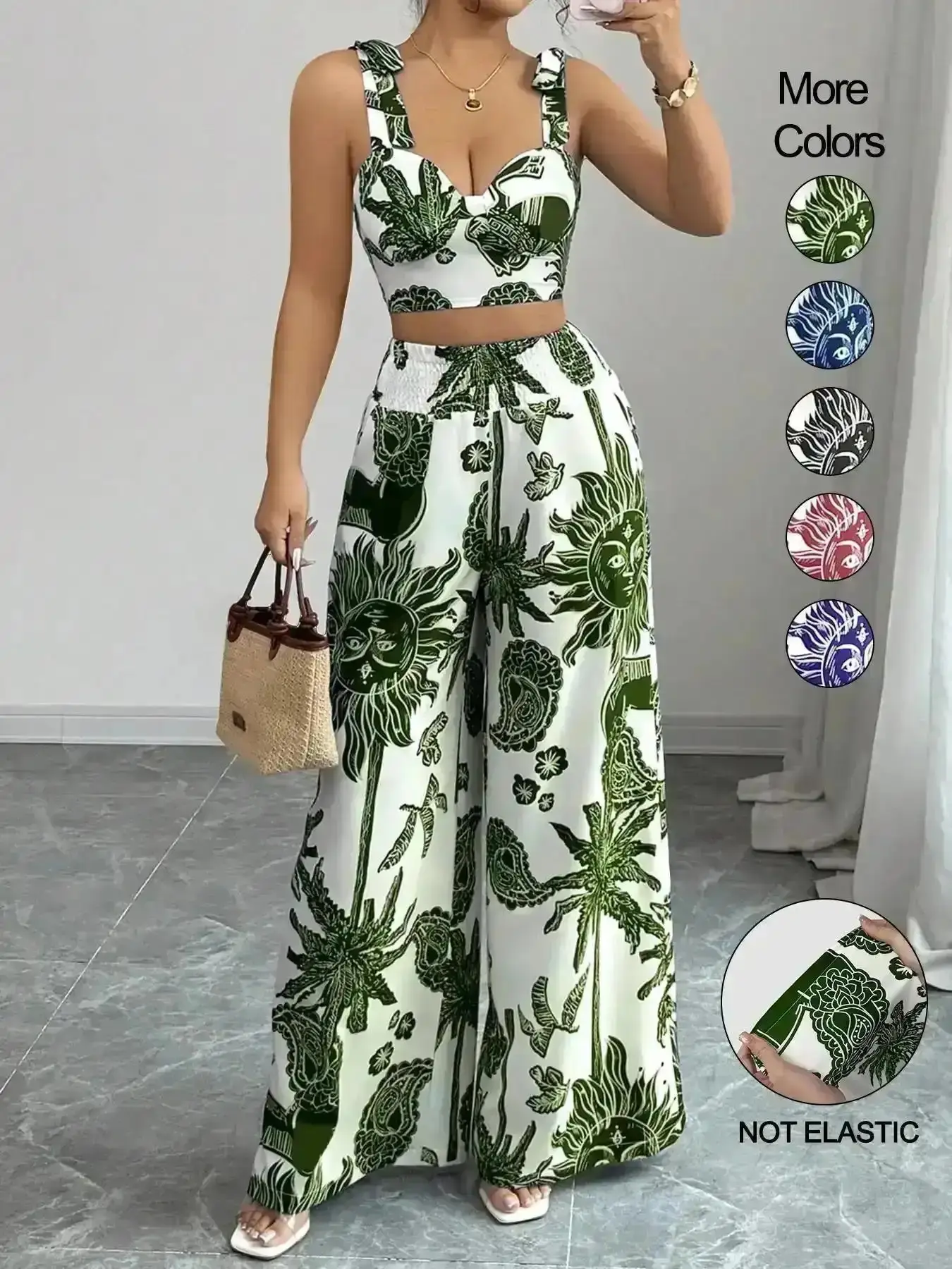 2026 Women's Boho Style Floral Print Sleeveless Top & Belted Straight-Leg Pants Set, Casual Summer Outfit for Vacation, Casual Comfy Fashion Layering Going Out Date Night Work Office Daily Wear All Seasons