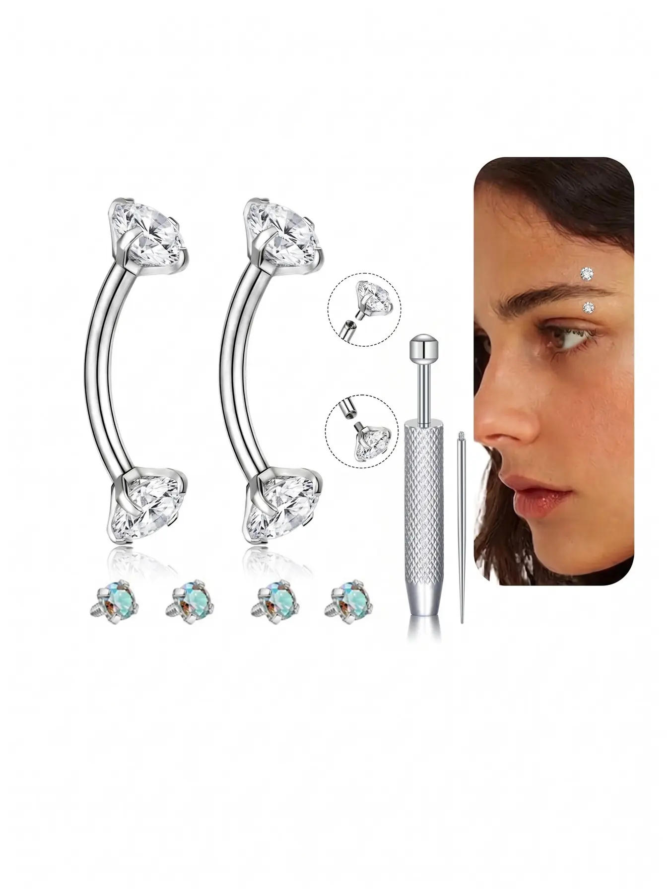 16G Eyebrow Piercing Jewelry, Body Jewelry — 316L Stainless Steel Micro Internally Threaded Jewelry with Cubic Zirconia (CZ) Inlay (Tragus Piercing); Eyebrow Ring / Lip Ring / Navel Ring — Navel Jewelry for Women