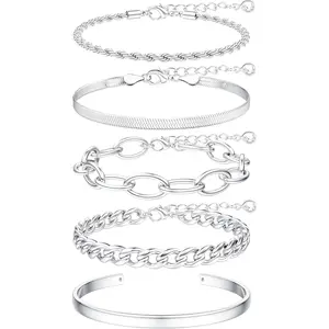 Chunky Silver Bracelets for Women Non Tarnish, Womens Silver Bracelet Stack Layered Chunky Chain Bracelets Waterproof Bangle Cuff Herringbone Bracelet Mothers' Day Jewelry Gifts