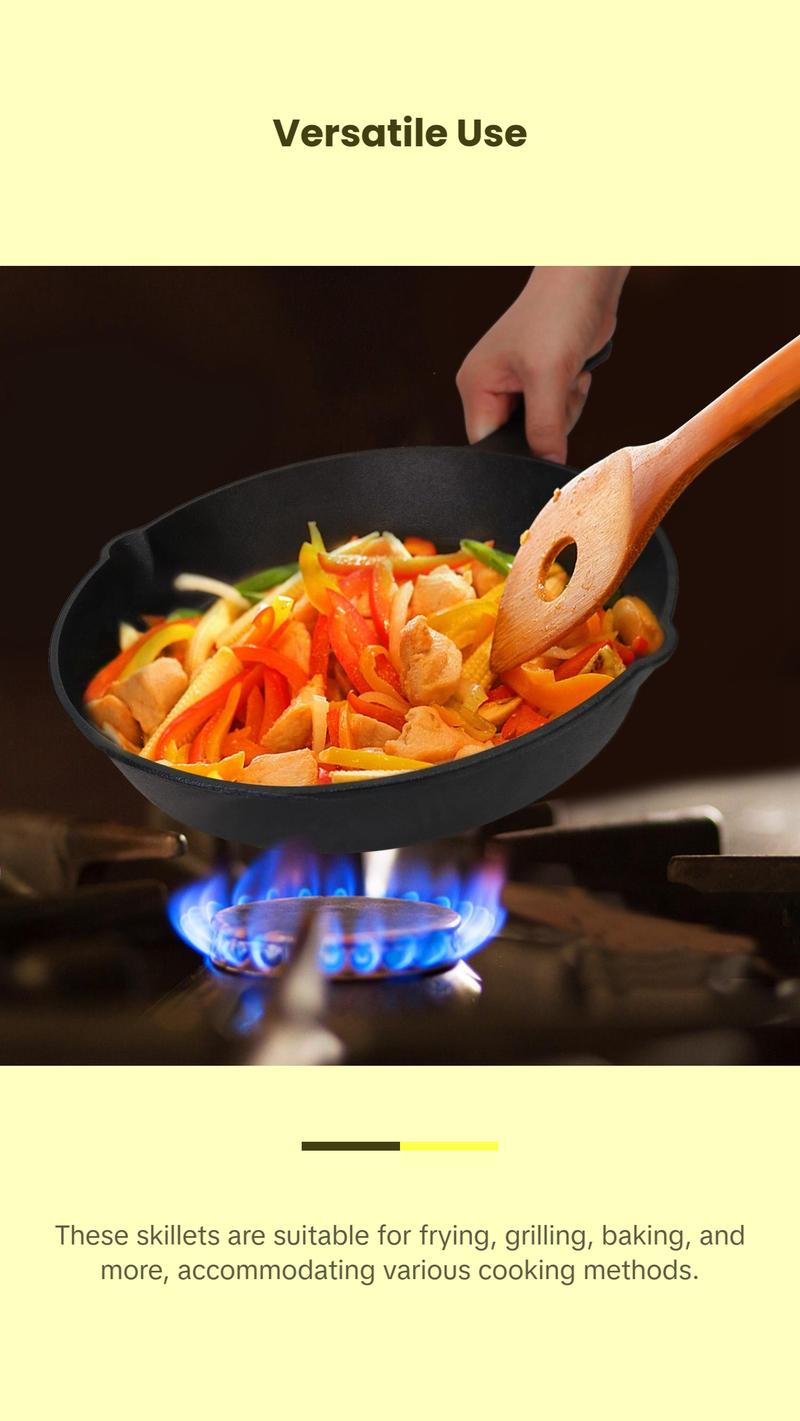 3Pcs Pre-Seasoned Cast Iron Skillet Set 6/8/10in Non-Stick Oven Safe Cookware Heat-Resistant Frying Pan Bake Induction