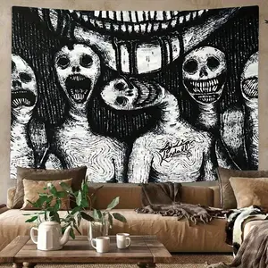 Ethereal Gothic Skull & Abstract Design Tapestry - Soft Peach Skin Velvet, Black And White Home Decor, Multi-Size Options For Bedroom & Living Room, Ideal Gift art home decor
