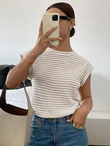 Minimalist Striped Basic Shoulder Sleeve Knit Top, Slim Fit, Casual Daily Wear, Summer, Short Clothing Length, Loose-Fitting