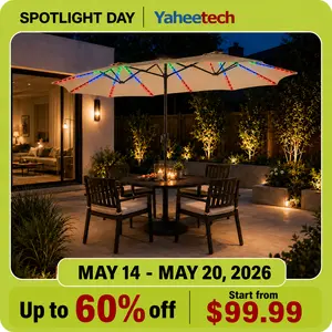 【12 LED Lights Modes】Yaheetech 2026 New 13/15ft Massive Patio Umbrella UV & Weather Resistant with Multi-Mode LED Lights Strips and Base Stand Triple-Vented Outdoor Umbrella