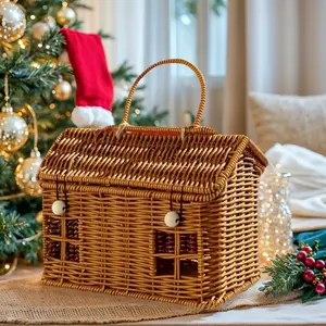 Handwoven House-Shaped Basket with Lid - Party Candy Storage, Gift Box, Desktop Organizer, Farmhouse Home Decor