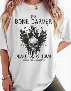 Unisex The Bone Carver Death Gods Tour Winged Skull Twisted Tree Drip Letter Graphic T-Shirt, Vintage Printed Craft SummerVibes Casual Top, Dark Gothic Mythology Retro Band Tour Cream Tee For Men Women, Lightweight Spooky Dark Fantasy Summer Daily Outfit