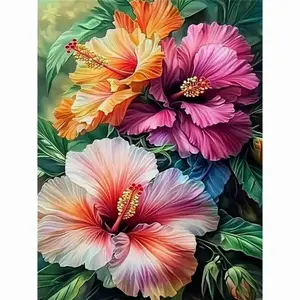 Vibrant Hibiscus Flowers Diamond Painting Kit, Colorful Tropical Floral Art, 5D Full Drill Round & Square Rhinestone Cross Stitch, Realistic Exotic Bloom Still Life, Green Leaves Nature Home Decor, Flower Lover DIY Craft Gift