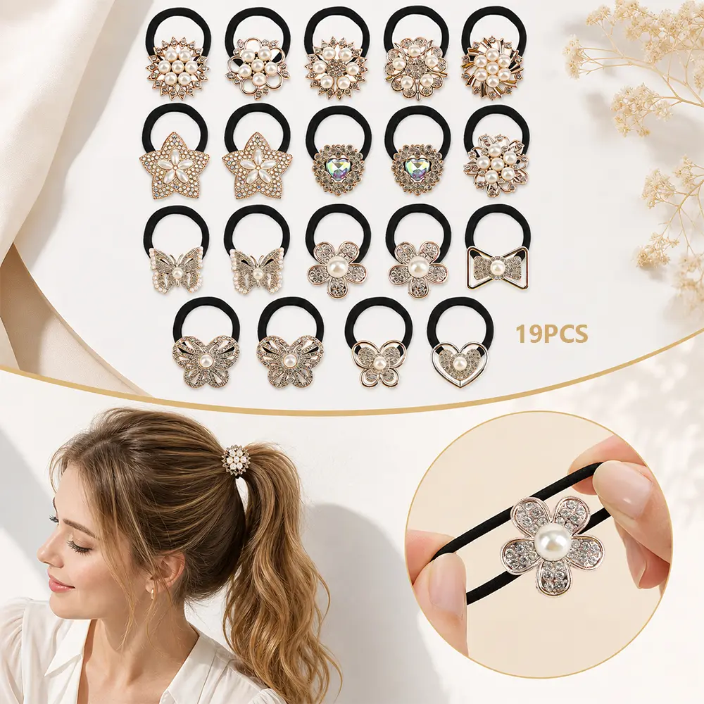 19Pcs Pearl Rhinestone Decor Hair Ties, Elegant Floral Star Butterfly Heart Bow Metal Elastic Ponytail Holders, Luxury Crystal Beaded Hair Scrunchies Hair Accessories for Women Daily Party Hairstyle
