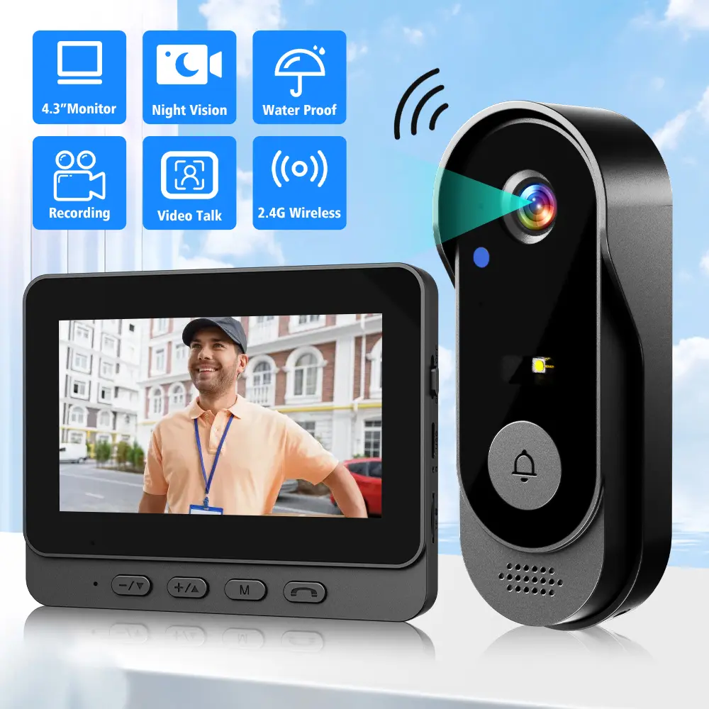 【DealsForYou】Wireless Smart Doorbell Camera, HD 1080P Video, 4.3" Screen, IPX65 Waterproof, 2-Way Audio, 170° Angle, 2.4G Wireless Connection, No Subscription