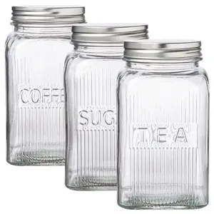 Beille 43.9oz Glass Storage Jars Airtight Kitchen Canisters for Coffee Tea Sugar, Ribbed Clear Pantry Containers (3 Styles)