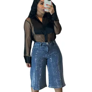 Jorts Natali Collection Studded Denim Wide Jorts - Chic Fit & Versatile Wear for Everyday Use - Stylish Denim Bottoms with Glamourous Stud Detailing