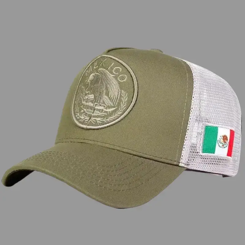 Mexico Eagle Patch Trucker Hat - Olive Green and White Mesh Back Baseball Cap, Mexican Flag Embroidery Country Style Casual Snapback for Men Women