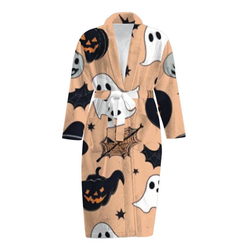 Flannel robe Halloween print autumn and winter plus velvet warm mid-length bathrobe home wear pajamas christmas pajamas