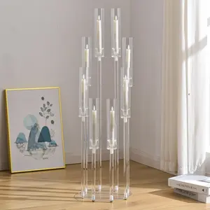VINCIGANT 8 Arms Clear Candlesticks Holder for Wedding Decorations Tall Arcylic Candelabra Candle Holder with Shade for Valentines Day Events Party Table Centerpiece Fit LED Candles
