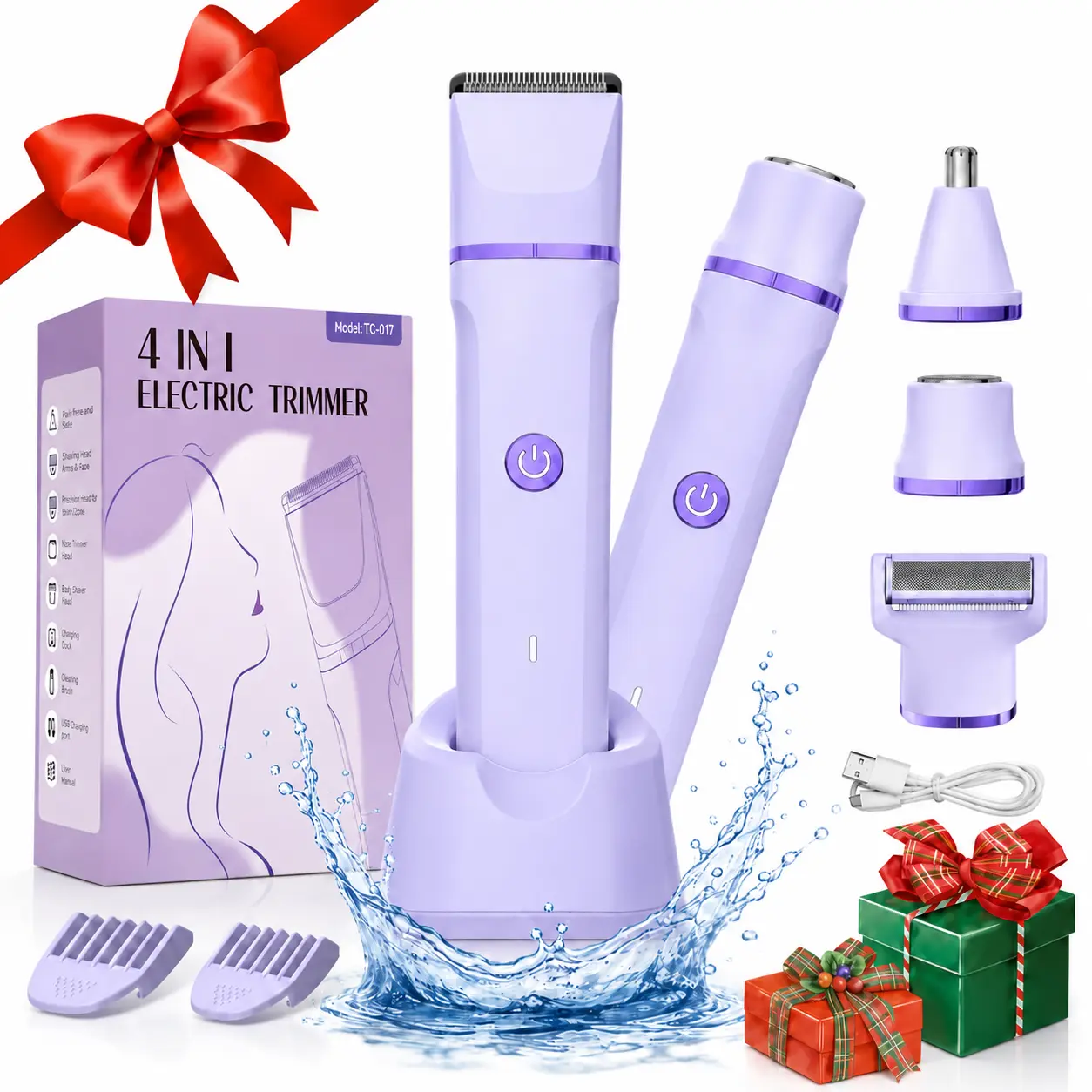 4-in-1 Electric Bikini Trimmer for Women, Gentle IPX7 Waterproof Body Shaver with Replaceable Heads, Facial Hair Remover for Face, Underarm, Body & Bikini Line, Travel Gift for Her