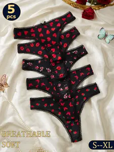 Women's Printed Panties Set, Sexy Fitted High Elasticity Underwear, Heart Butterfly Floral Strawberry Prints, Soft Breathable, All Seasons, Soft Comfy Panties