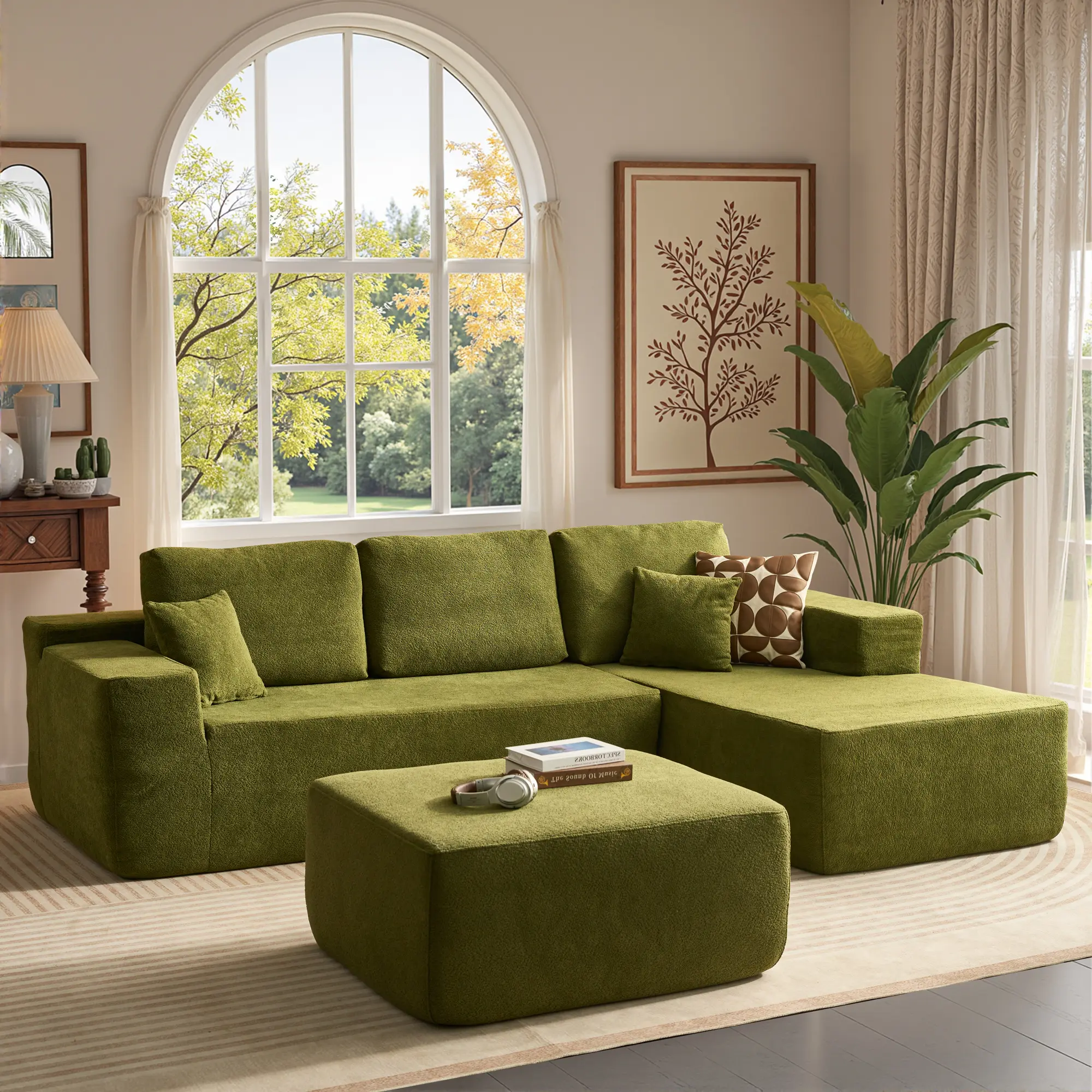 Green Cloud Velvet Right Chaise With Ottoman
