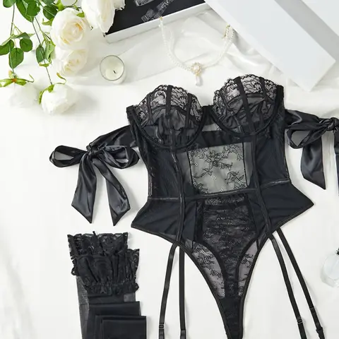 Women's Sheer Cut Out Floral Lace Stretchy Fitted Sexy Elegance Lingerie Underwear Set, Knot Design Bodysuit & Ruffle Trim Stockings Set, Red Lingerie Set for Women, Glamour Lingerie Set