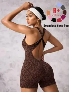 Women's Leopard Print Backless Sports Romper Workout Jumpsuit, High Elasticity Fitness Gym Wear Athletic Style Activewear, Sporty One-Piece Clothes, Stretchable Activewear, Yoga Jumpsuits