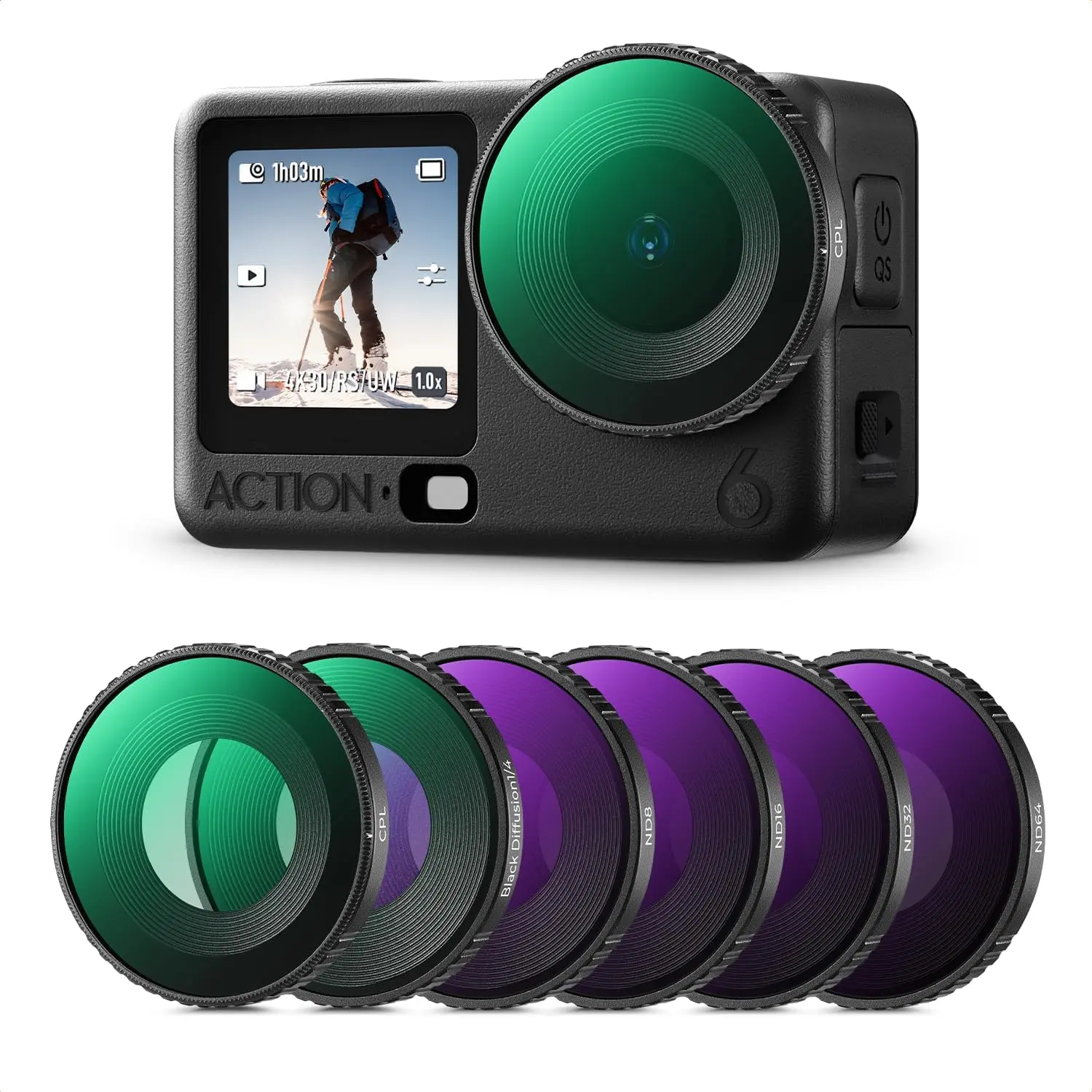 K&F CONCEPT 6-Piece Camera Lens Photography Kit, Camera Accessories for DJI Osmo Action 6, Includes CPL Polarizer, ND8 ND16 ND32 ND64 ND Lens, 1/4 Black Diffusion, HD Optical Glass with Nano Multilayer Coating, Nd Lens Filter