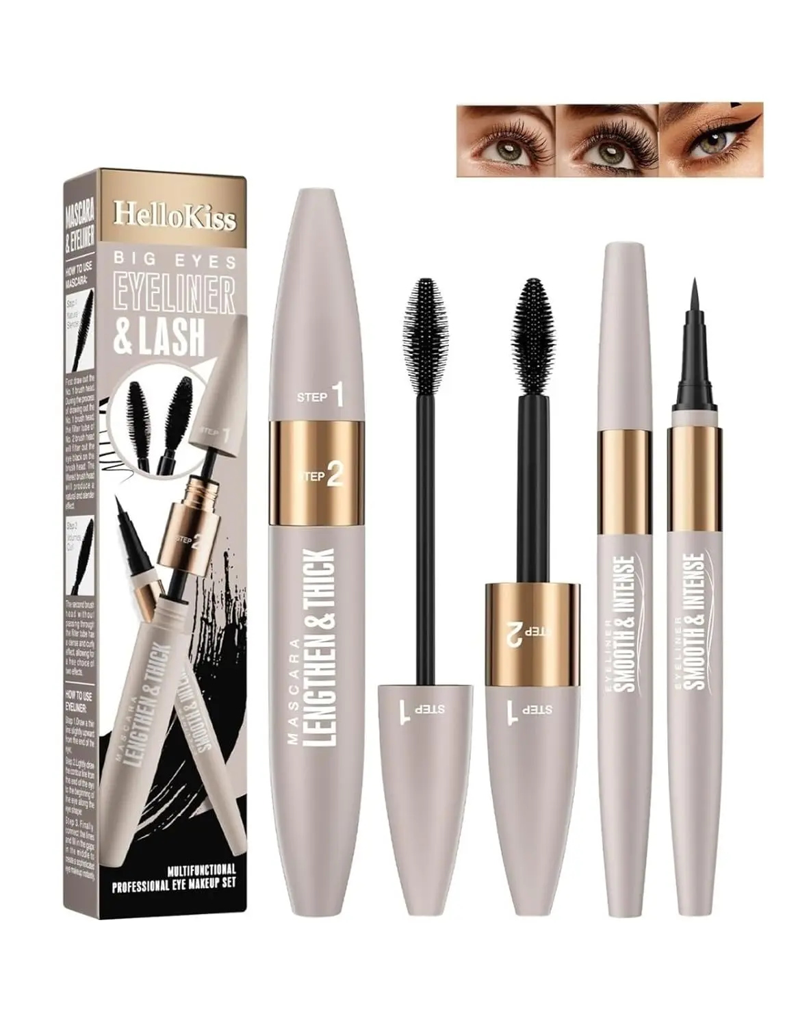 Black All-in-1 Beauty Bundle Kit - Eye Definition Makeup Kit with 2-in-1 Waterproof Mascara & Eyeliner, Lifts Lashes, Volume-and-Length Mascara, Natural Curl Eyebrow Pencil, Eye Definition Kit