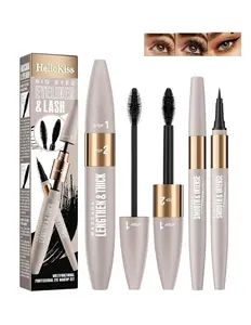 Black All-in-1 Makeup Cosmetic Eye Kit - 2-in-1 Mascara & Eyeliner Set, Waterproof Volume-and-Length Mascara, Natural Curl Eyebrow Pencil Makeup Cosmetic