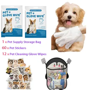 Pet Disposable Gloves for Cats and Dogs Cleaning Dry Cleaning Gloves Disposable Wipes Set Includes Pet Storage Bag 16.9 x 15.4 and 60pcs Pet Cat and Dog Stickers glove wipes earth rated dog wipes glove wipe
