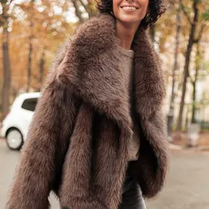 Solid Color Lapel Plush Coat Autumn Winter European and American Cross-Border Faux Fur Coat Fashion Long Sleeve Plush Coat