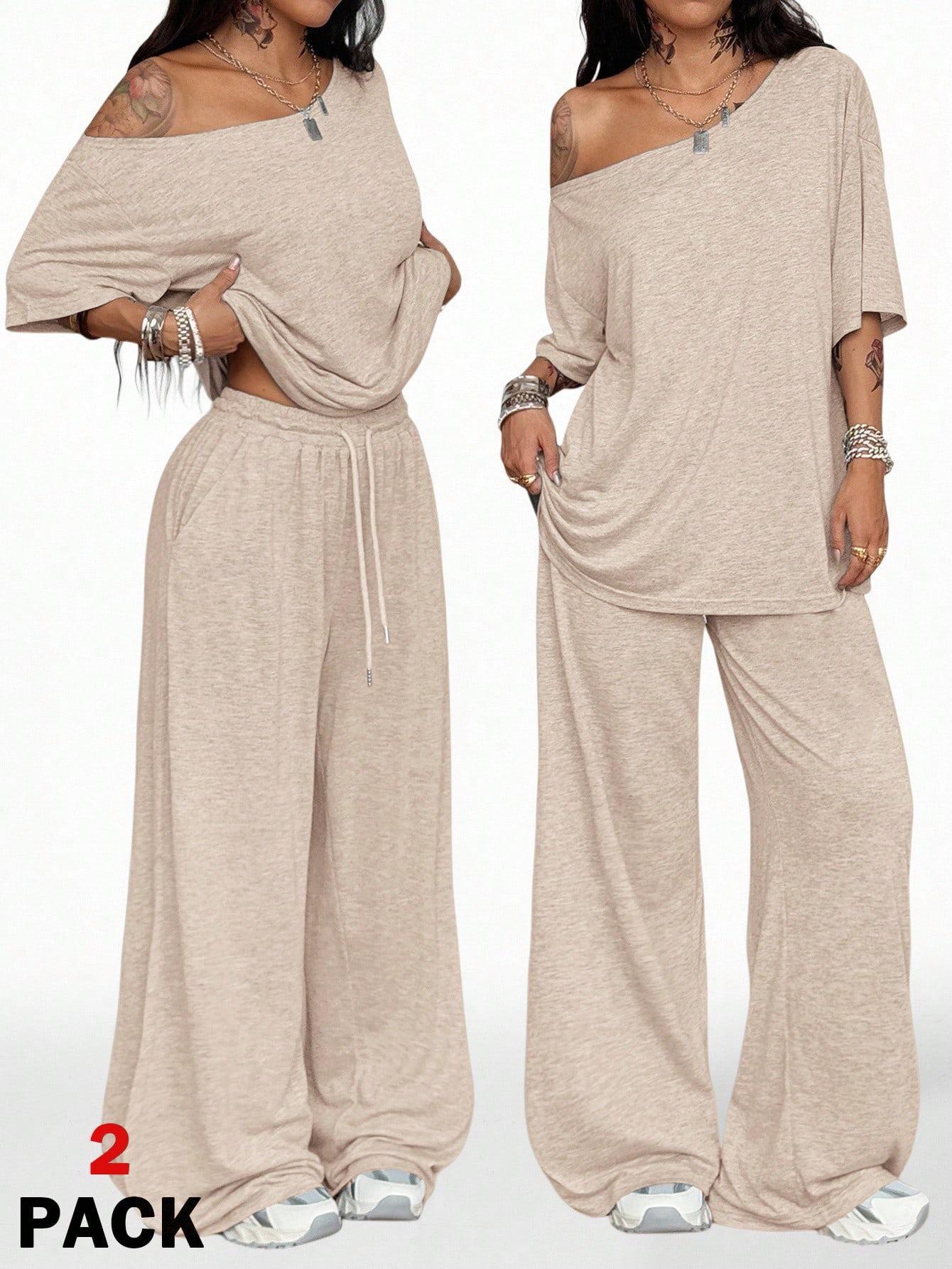 Women's Casual Solid Color Sport Two-Piece Set, Loose Long Pants & Wide Leg Slant Neck Pant Suit, Spring & Fall Fashion