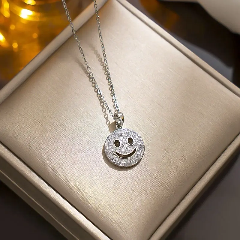 0996-4 CZ Smiley Face Cross Hulu Necklace for Women 14K Gold Plated DaintyCubic Zirconia Happy Face Pendant Cute Preppy Necklaces Non Tarnish Jewelry Gifts