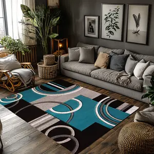 Modern Abstract Circle Geometric Crystal Velvet Area Rug Teal Black Grey Non‑Slip Contemporary Living Room Rug#AbstractCircleRug #GeometricRug #ContemporaryHomeDecor #TealBlackGreyCarpet #CrystalVelvetRug