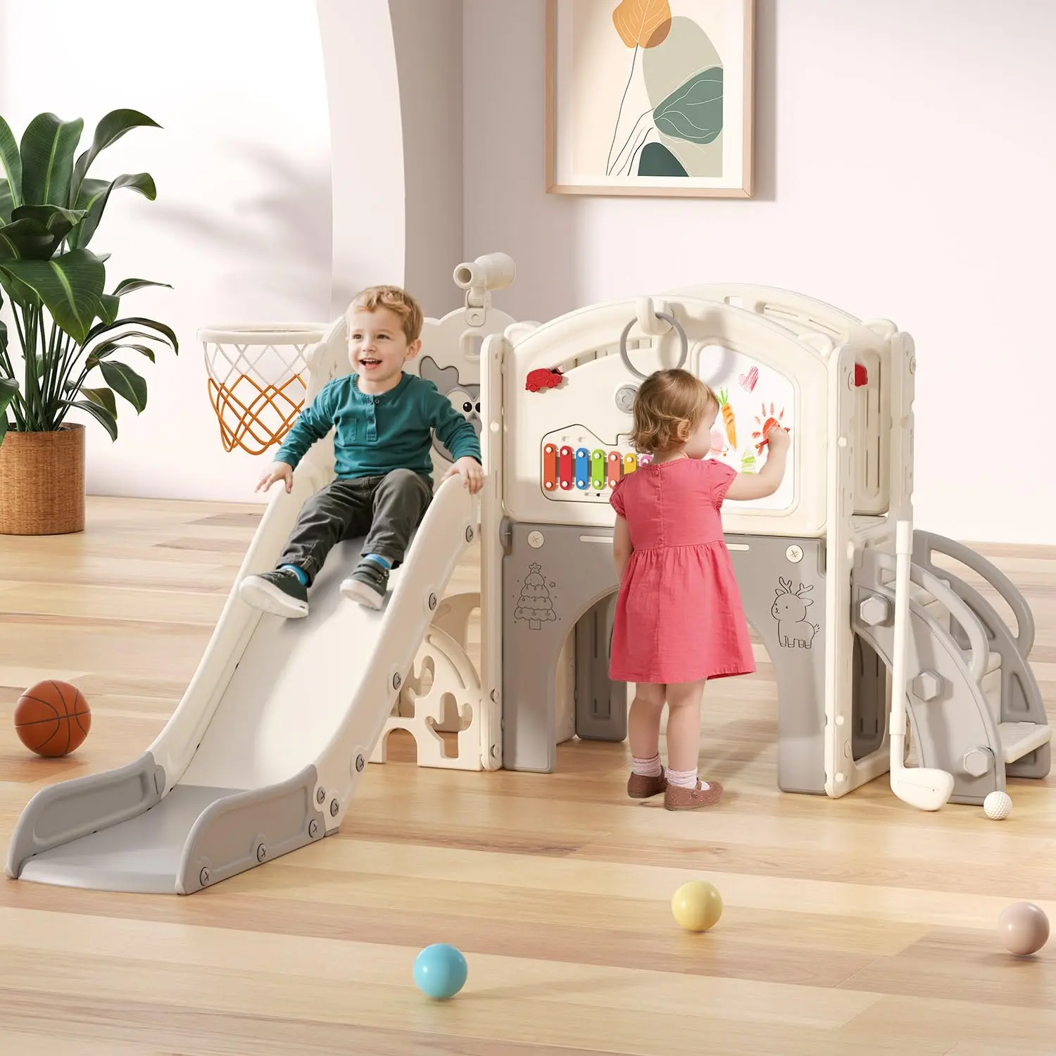 BIERUM 13-in-1 Toddler Slide Playset - Playground Equipment with Basketball Hoop, Golf Game, Drawing Board, Cream & Gray Outdoor Toy for Ages 1-3 Toddler Gifts