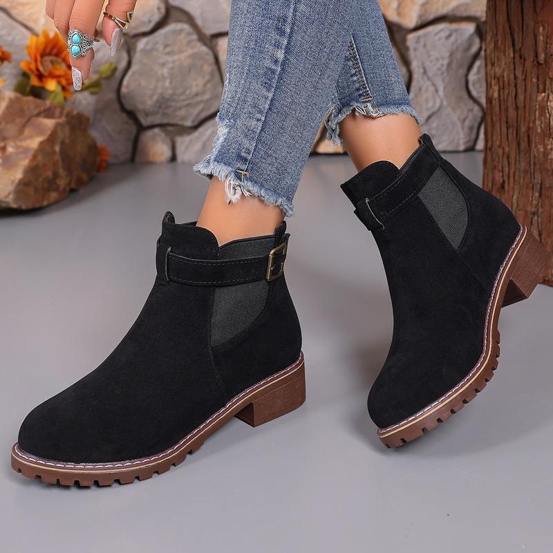 Women's buckle thick low heel anti slip thick sole fashionable ankle boots - round headed solid color short boots, suitable for winter and autumn, casual and formal wear