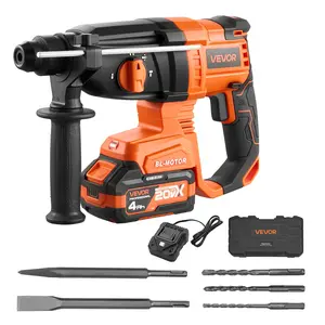 VEVOR Rotary Hammer Drill, 7/8 in SDS-Plus Cordless, 20V Battery Powered Rotary Hammer, Brushless, Including Battery, Charger, 3 Drill Bits, Flat Chisel, Pointed Chisel, Carrying Case, for Concrete