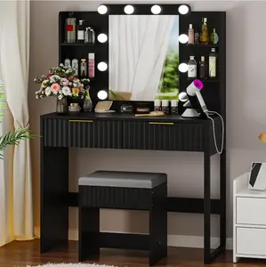 Lighted Makeup Vanity, Black Vanity Table Set with 2 Drawer and Charging Station, Femal Gift