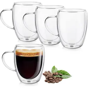 Espresso Cups, Double Wall Glass Coffee Mugs with Handle, Clear Coffee Cups, Cappuccino Lattee Tea Cup, Insulated Glassware for Hot & Cold Coffee[4-Pack,12 oz]