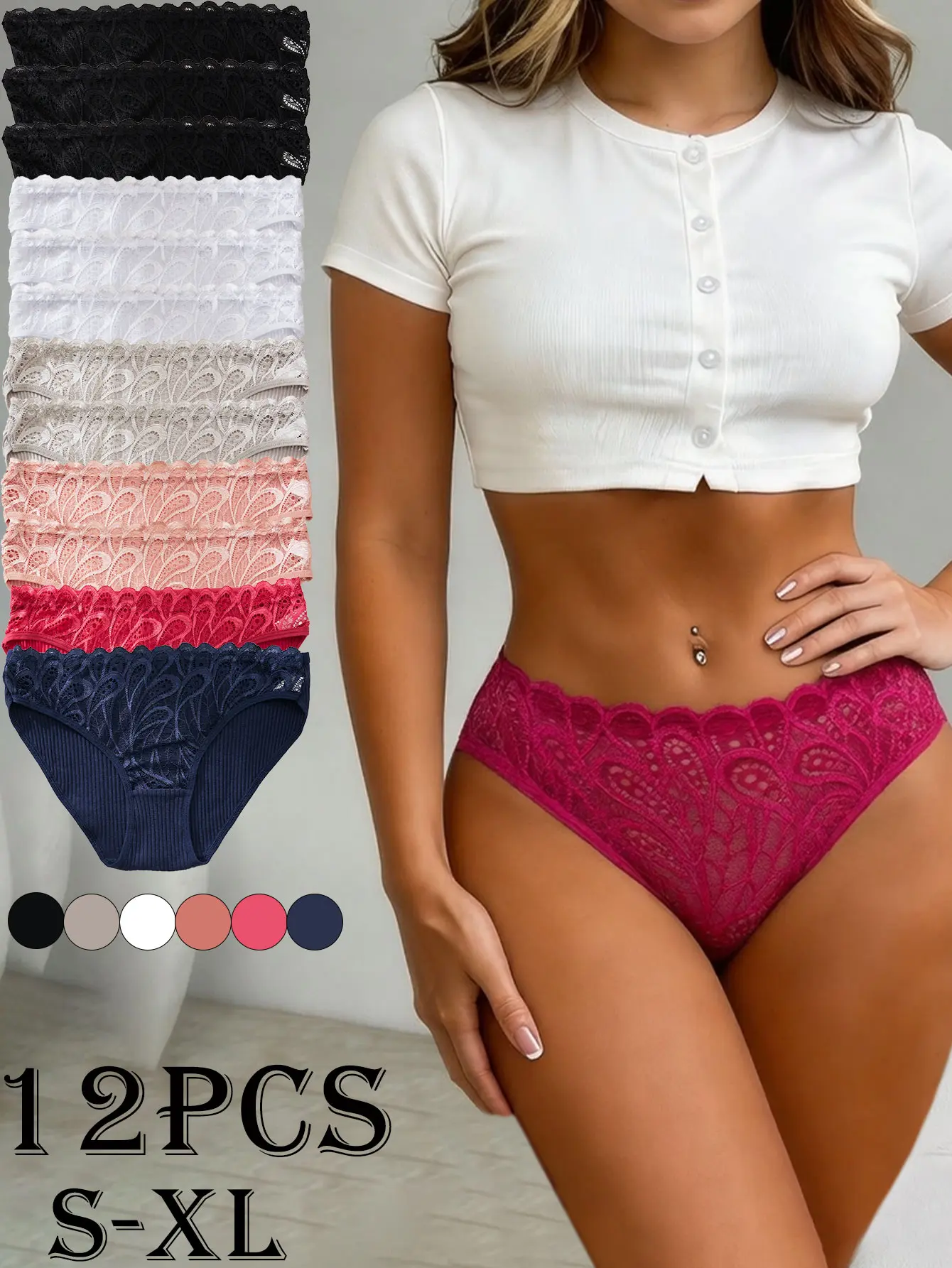 Women's Pack of 12 Cotton Fabric Briefs - Cute Lace Trim, Sexy Cutouts, Breathable Seamless Butt-Lifting Underwear for Everyday, Halloween, Birthday, 12-Pack, Contrast Lace Briefs, Special Moments, Phoenix-Lace