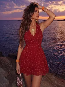 Red Floral Halter V-Neck Mini Dress - 2026 Trending Beach Style, Soft Flowy Chiffon for Vacation & Sunset Versatile Red Floral Halter Dress - Sexy Elegant Outfit, Wrinkle Resistant for Date & Party