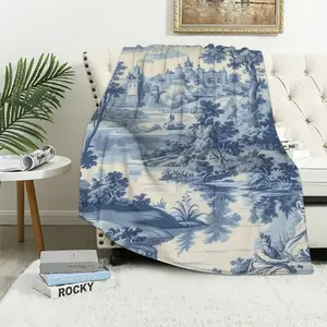 Navy White Blue Toile Print Blanket Ethnic Style Plush Blanket Soft Reversible Plush Rustic Chinoiserie Blanket in Home Bed Sofa Chairs Home Decor Housewarming Gift WhiteFather's Day Thanksgiving Halloween Valentine's Day Holiday Gifts
