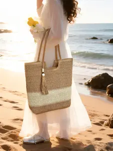Vacation Style Patchwork Straw Tote Bag, Large Capacity Fringe Beach Bag, Versatile Woven Shoulder Bag for Commute and Casual Use