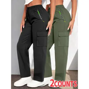 Women's 2-pack multi pocket zipper workwear straight leg pants Drawstring elastic waist slimming casual sports pants Multi colored daily commuting versatile outdoor casual pants