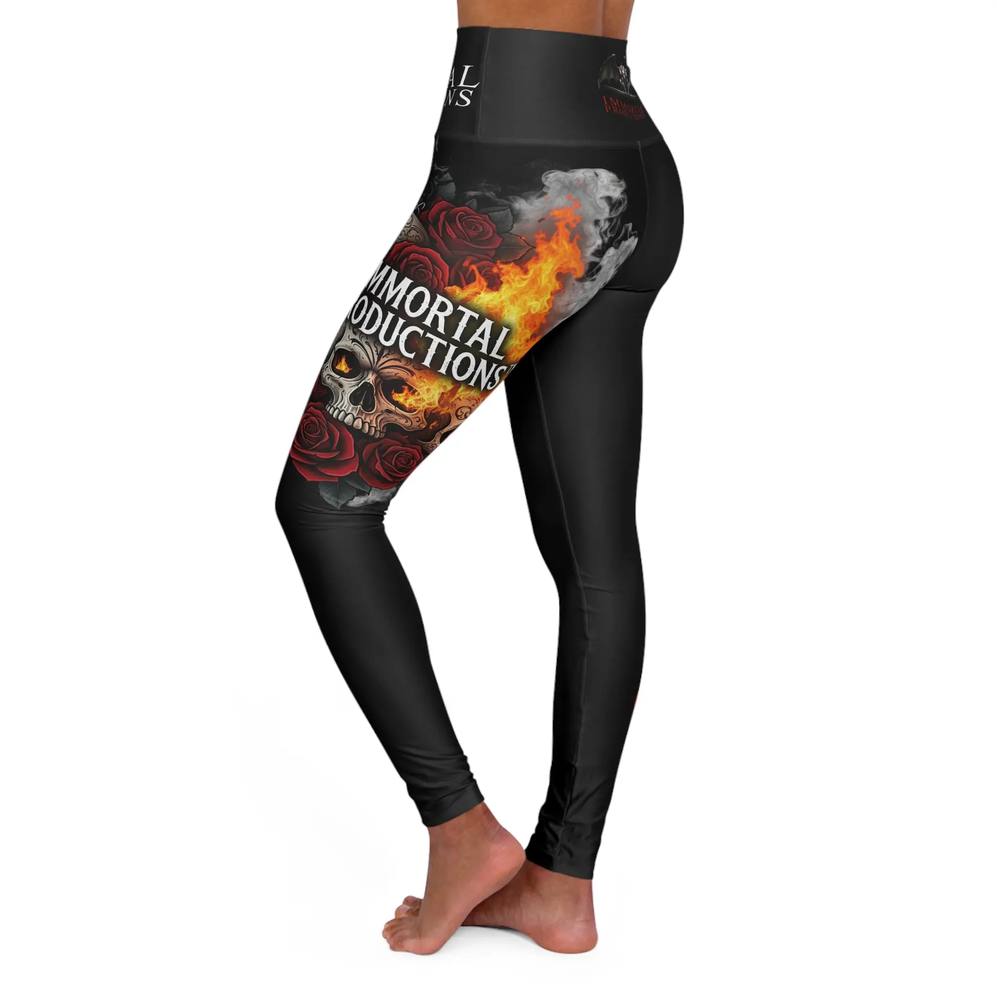 Immortal Skulls and Roses Edgy High Waisted Yoga Leggings, Skull Print Workout Pants, Yoga Tights, Fitness Leggings for Active Wear