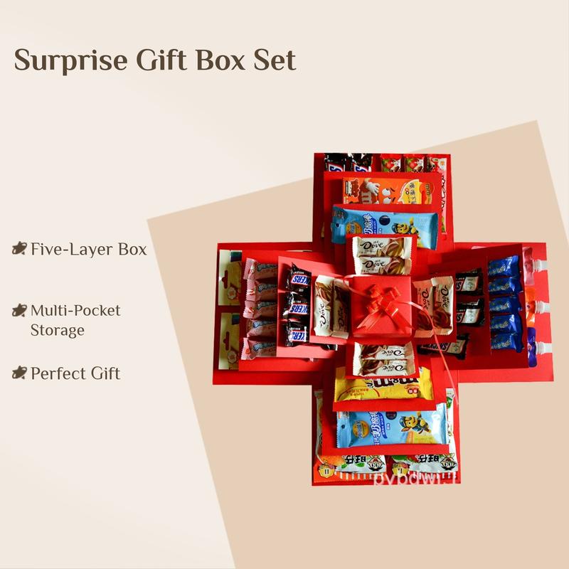 Five-Layer Surprise Explosion Gift Box with Ribbon, Multi-Pocket Snack & Candy Storage, Perfect for Birthdays, Holidays, Vacations, Asian Snack Box