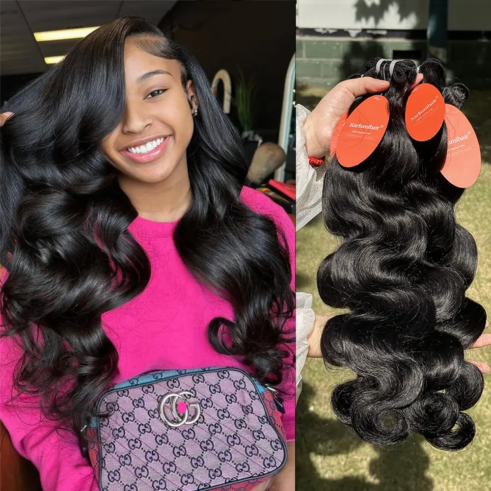 Karlami 100% Virgin Human Hair Body Wave Bundles 150/200 Density 3/4 Bundles Loose Deep Wave Human Hair Bundles 12A Brazilian Straight Bundles 100% Un