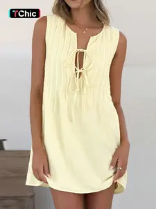 Women's Plain Tie Front Dress, Casual Sleeveless Linen Dress for Summer, Ladies Clothes for Daily Wear