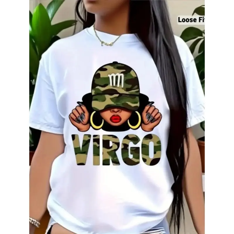 Women's Short Sleeve T-Shirt - White T-Shirt with Virgo Printed Design, Casual Round Neck Stretchy Soft Fabric, Machine Washable, All-Season Fashion Top, Trendy Attire, Statement Graphic Tee, Comfortable Fit Tee, Perfect Gift for Festival