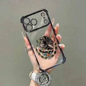 Mexican Golden Eagle Badge Flag Design Four-Angle Airbag Anti-Drop Phone Case for iPhone 17 Pro Max 16 15 14 13 12 11 Pro Max Transparent Soft TPU Material Gift Choice