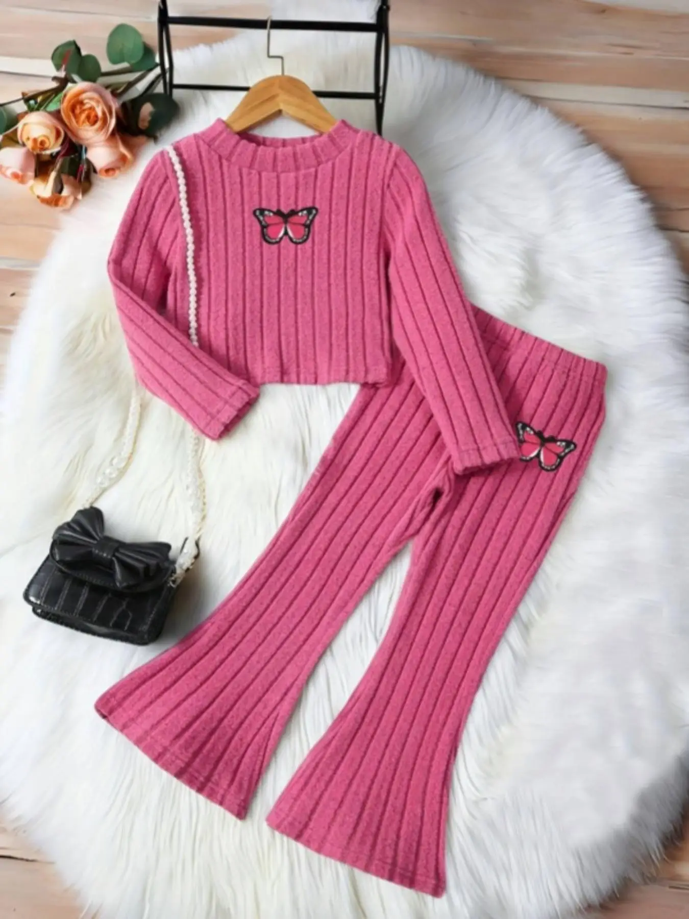 Girl's Butterfly Pattern Ribbed Round Neck Tee & Flare Leg Pants Two-piece Set, Casual Fashion Cozy Long Sleeve Top & Bell Bottom Trousers for Daily O